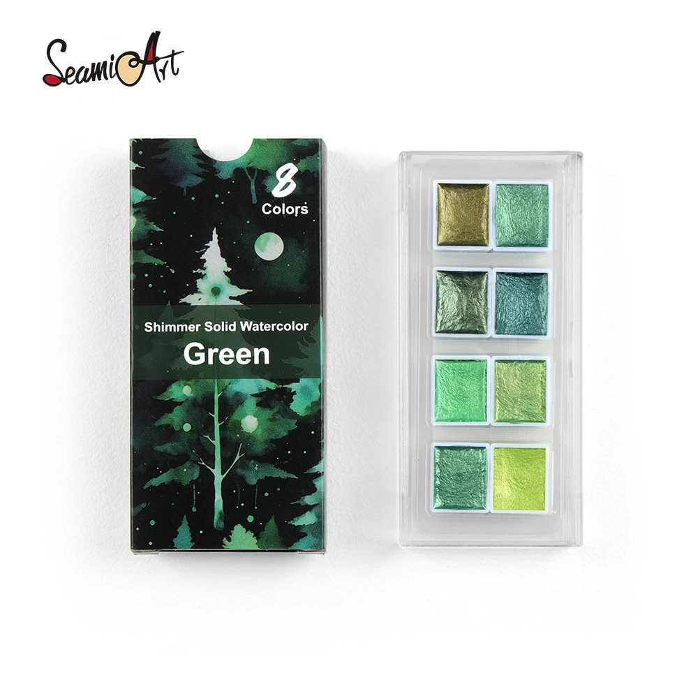 8color metallic green scheme shimmer solid watercolor paint artist portable half pan set acuarelas aquarela