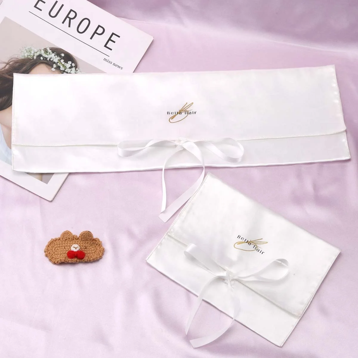 Custom Logo Printing White Satin Hair Headwear Packing Envelope Pouch Luxury Gift Jewelry Satin Bag With Ribbon