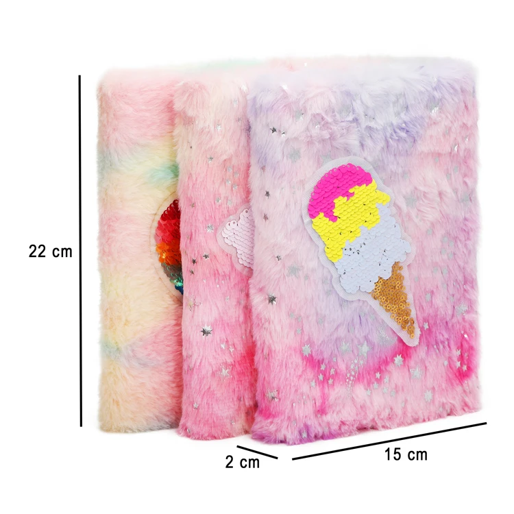 Wholesale A5 Journal Diary Colorful Rainbow Design Plush Notebook with Sequins Patch for kids