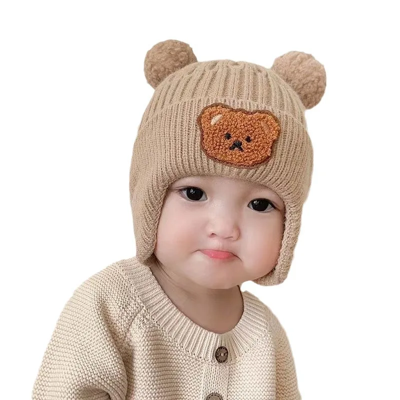 BSM310 корейская мода 2024 Осень Зима Новая детская плюшевый мишка теплая вязаная шапка с подкладкой милые детские шапки и шапки-ушанки