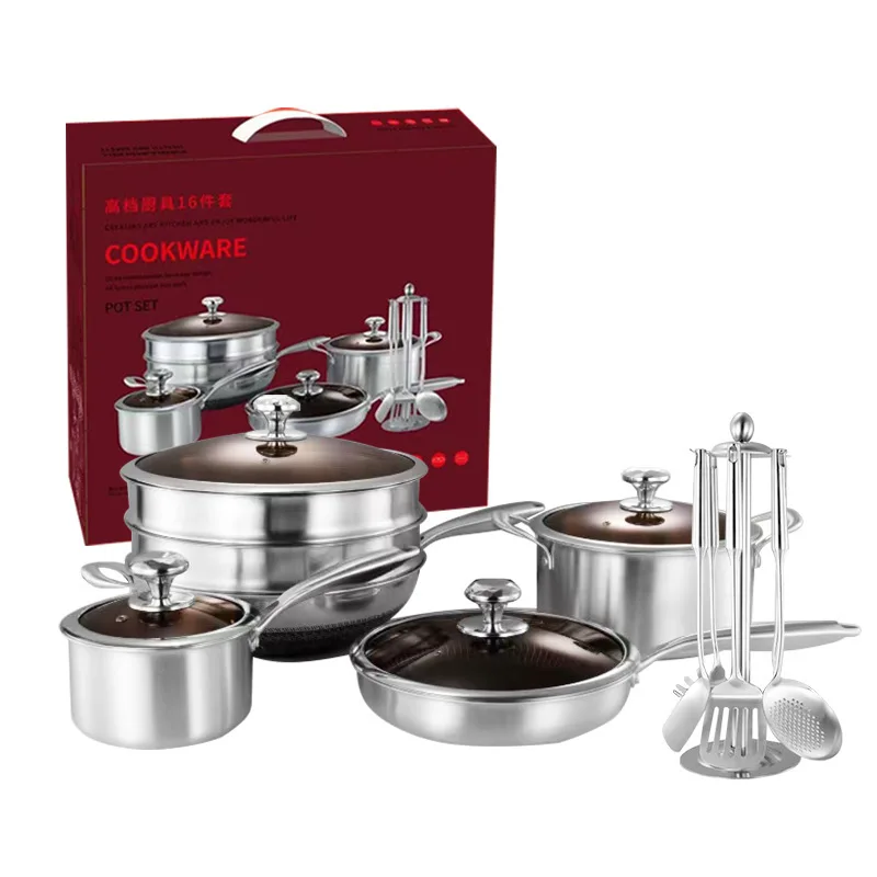 3ply Stainless Steel 304 Compound 16pcs cookware set Soup pot Fry pan Wok Steamer Pot with ladle spatula Cooking  Pot  gift box