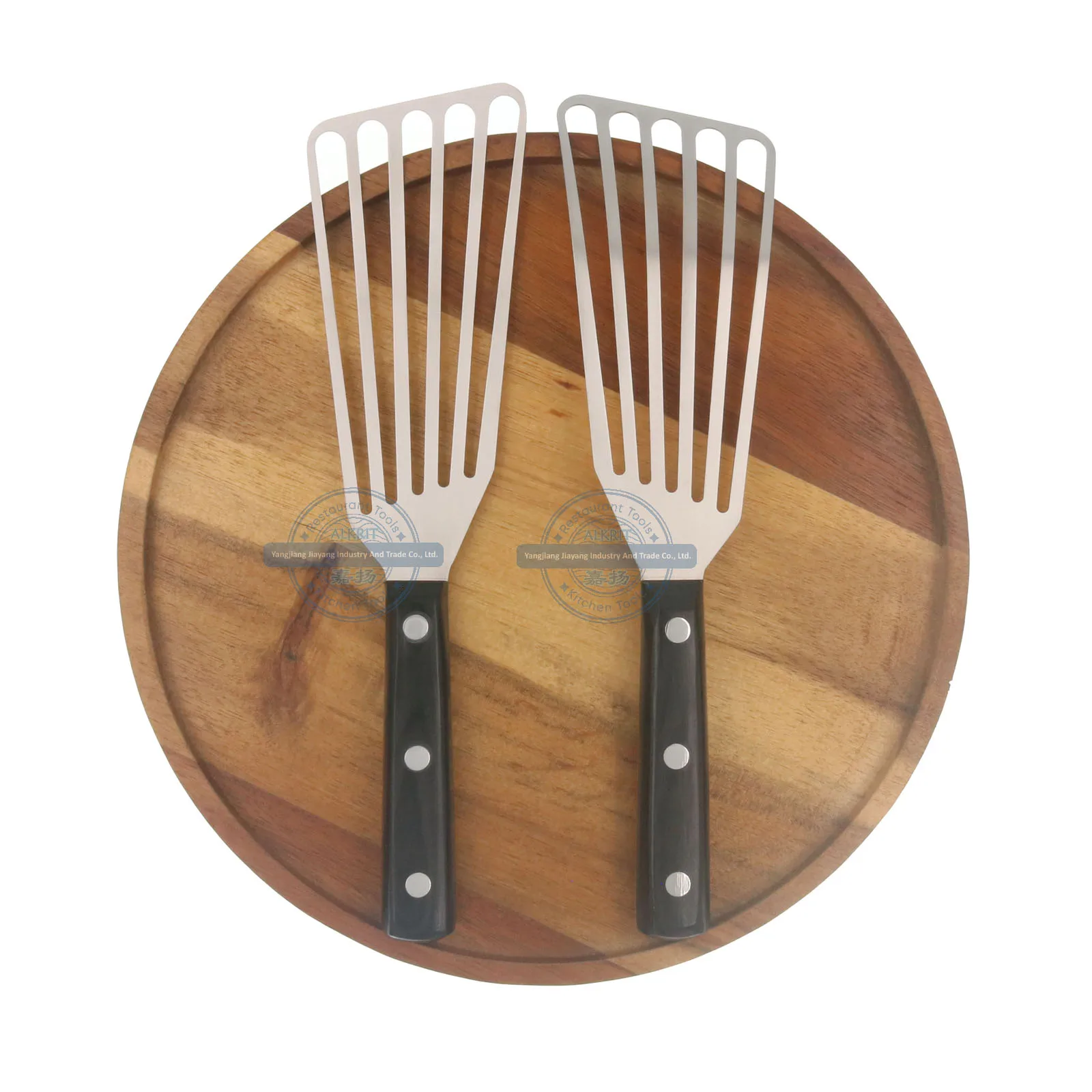 (ALWH-A001) stainless steel Fish Spatula Slotted Turner Spatula with a curved angle and pakka Wood Handle for chefs