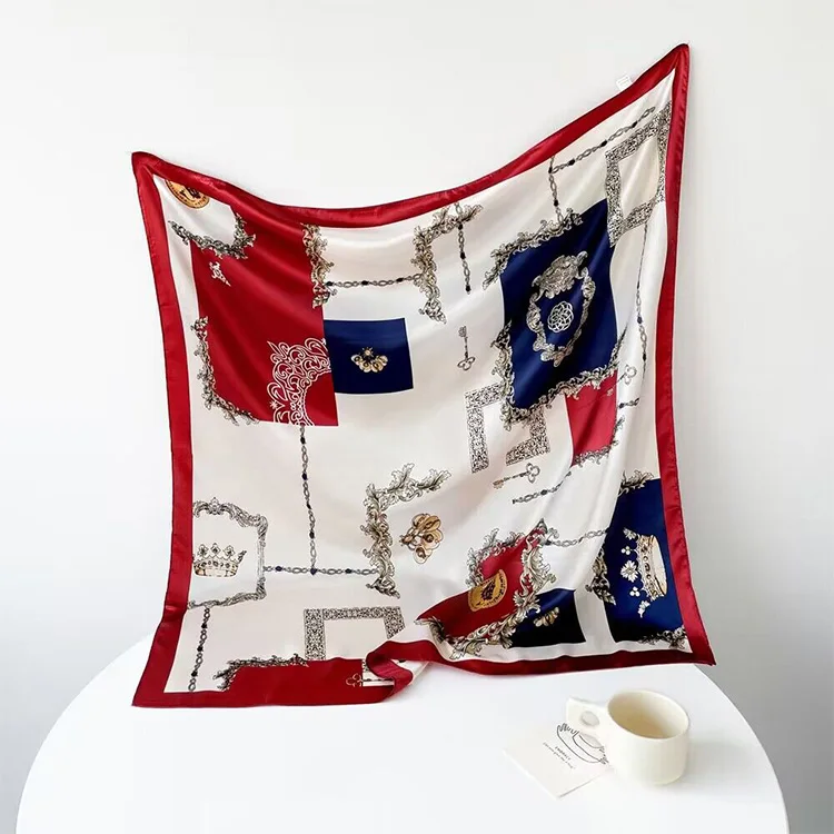 OEM Scarf Luxury Design Shawls  Multicoloured Square Women Silk Scarves Digital Printed Polyester Custom Scarf
