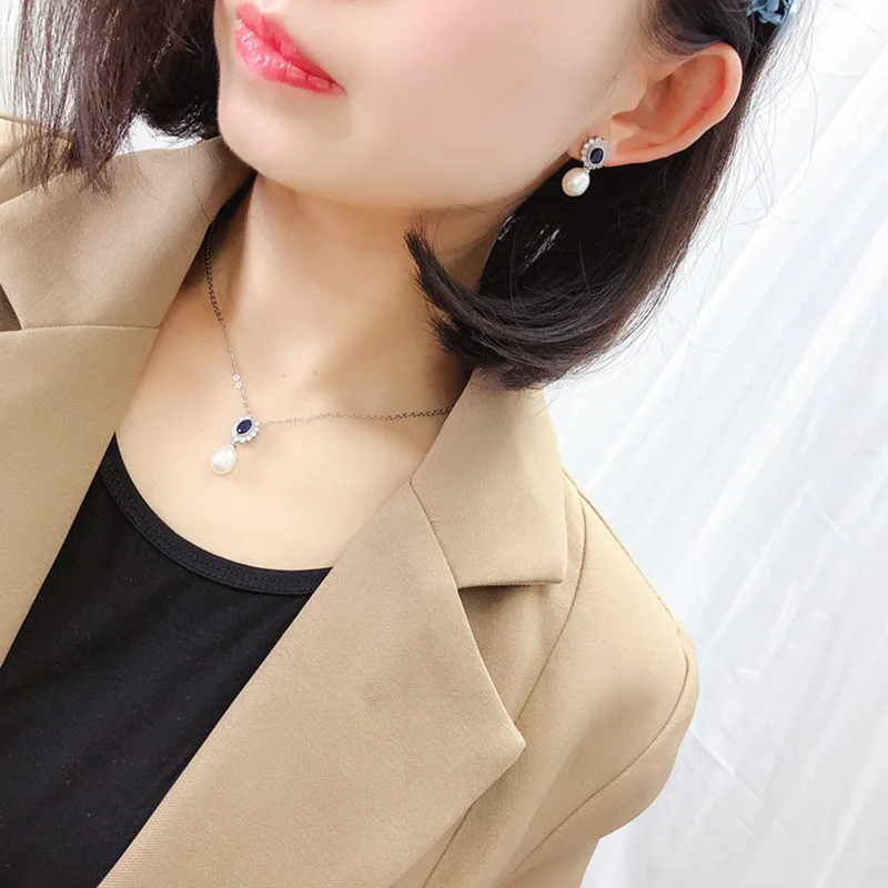 Fashion high quality Blue zircon bride Natural 7-8MM Freshwater Pearl Necklace Earrings Ring 3pcs jewelry set