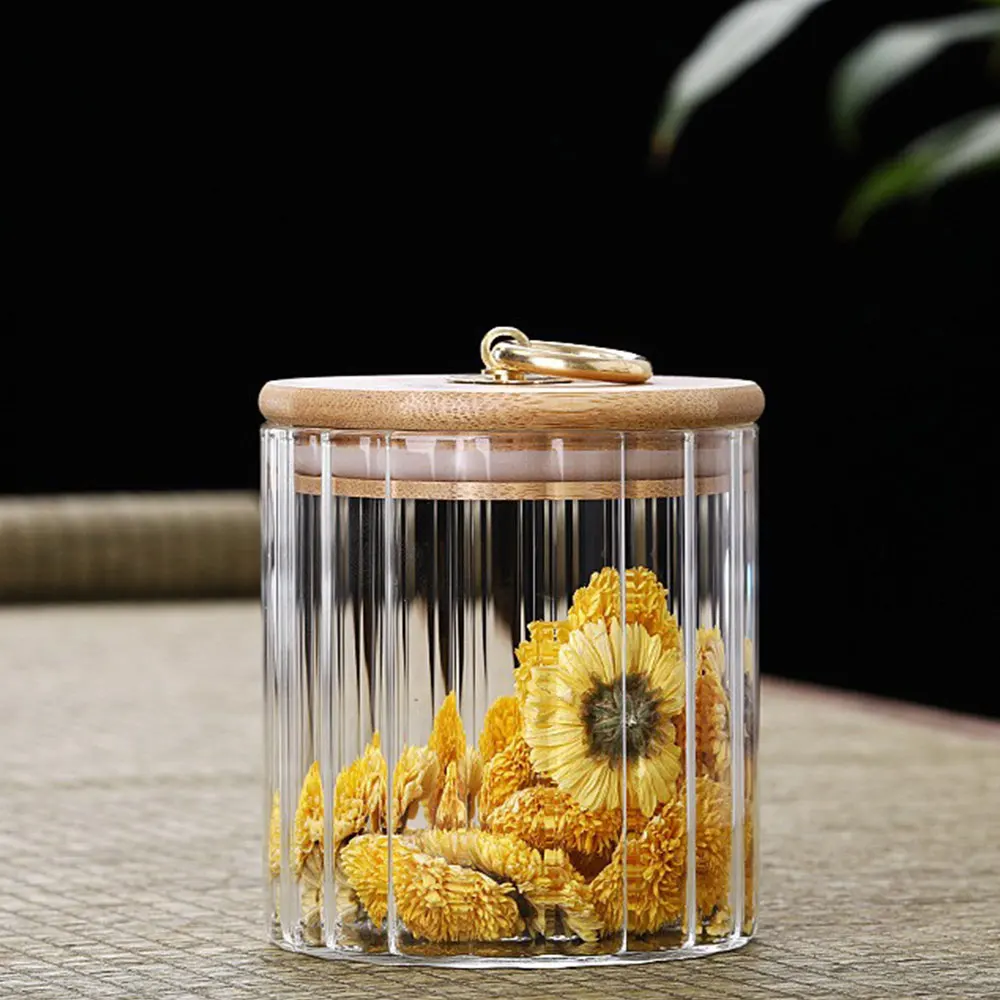 Vertical Grain High Borosilicate Glass Storage Jar with Bamboo Lid and Copper Ring Handle Glass Container Jar