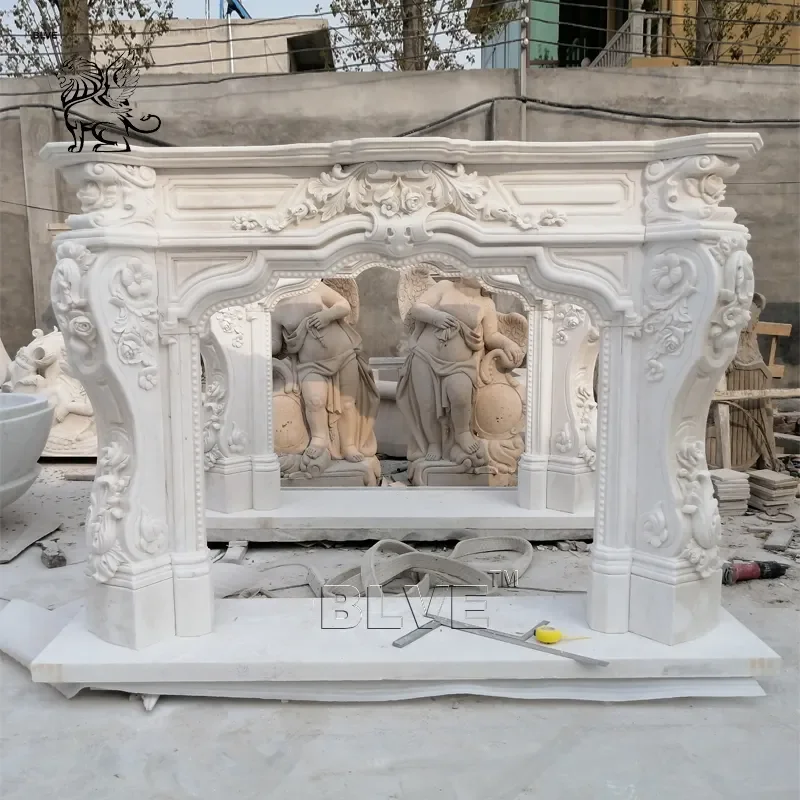 BLVE Modern Indoor Home Decor European Style Freestanding Fireplace Natural Stone Lions Large Marble Mantle Granite Material
