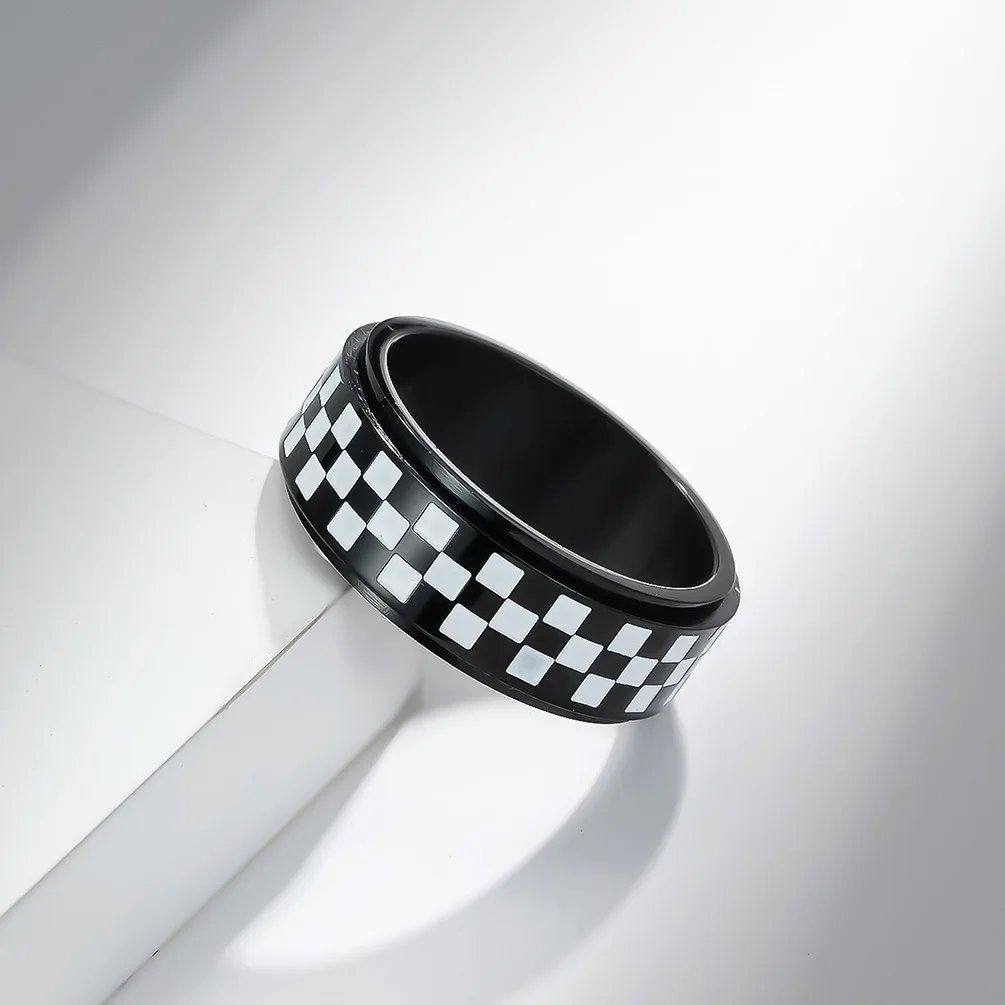 High Quality 8mm Stainless Steel Black and White Check F1 Racing Rotatable Fidget Band Anti Anxiety Stress Relief Spinner Rings