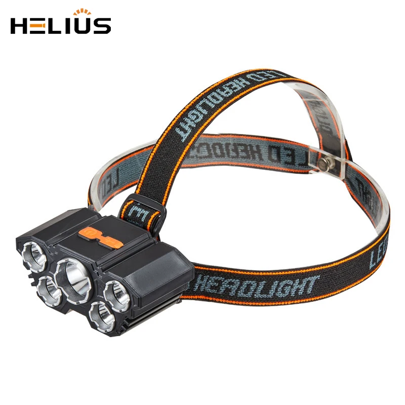 Helius New Wholesale High Quality Plastic Built-in 18650 USB Rechargeable 5 LED Strong Light Multi-function Headlamps