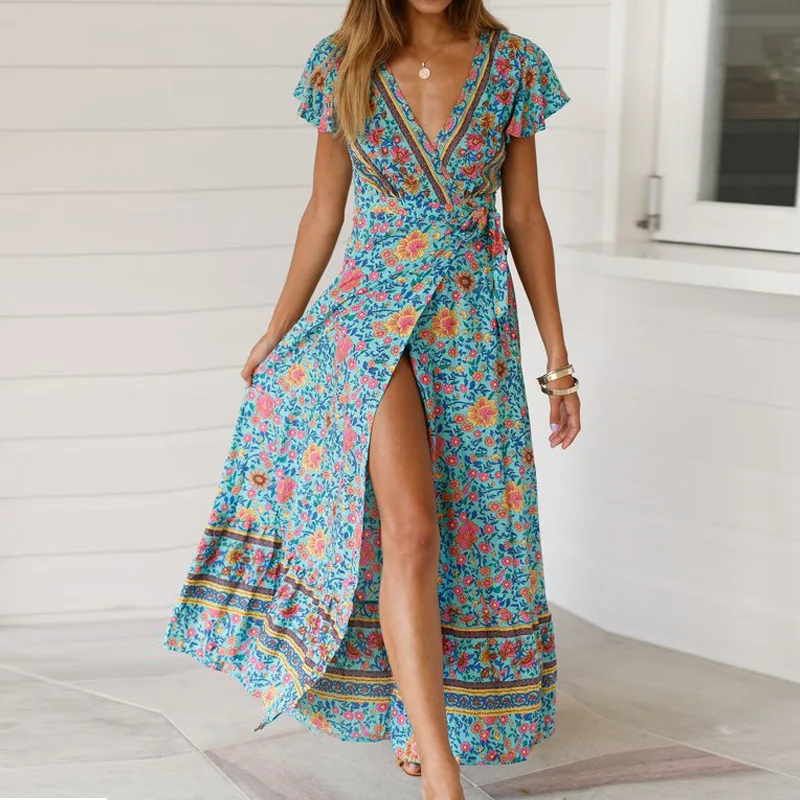 2022 Women Boho Casual Sexy Deep V Neck Short Sleeve Casual Bohemia Dress Floral Fall For Women summer