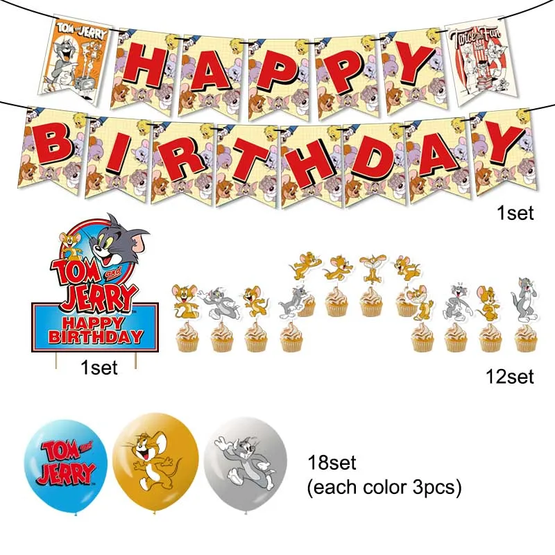 Mouse Tom & Jelly Cartoon Party Decoration Includes Banners Latex Balloons Cake Topper for Kids Boys Girls Birthday Favor X0097