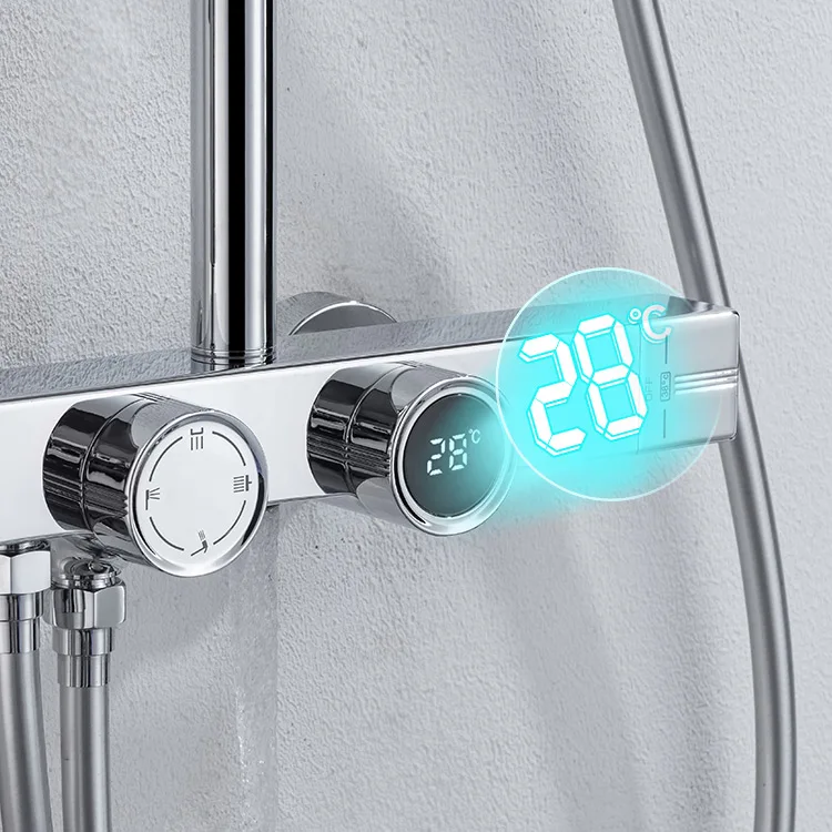 Italian Brass Digital Display Wall Mounted Chrome Finished 4 Way Shower Mixer Shower Bathroom Set With Bath Faucet