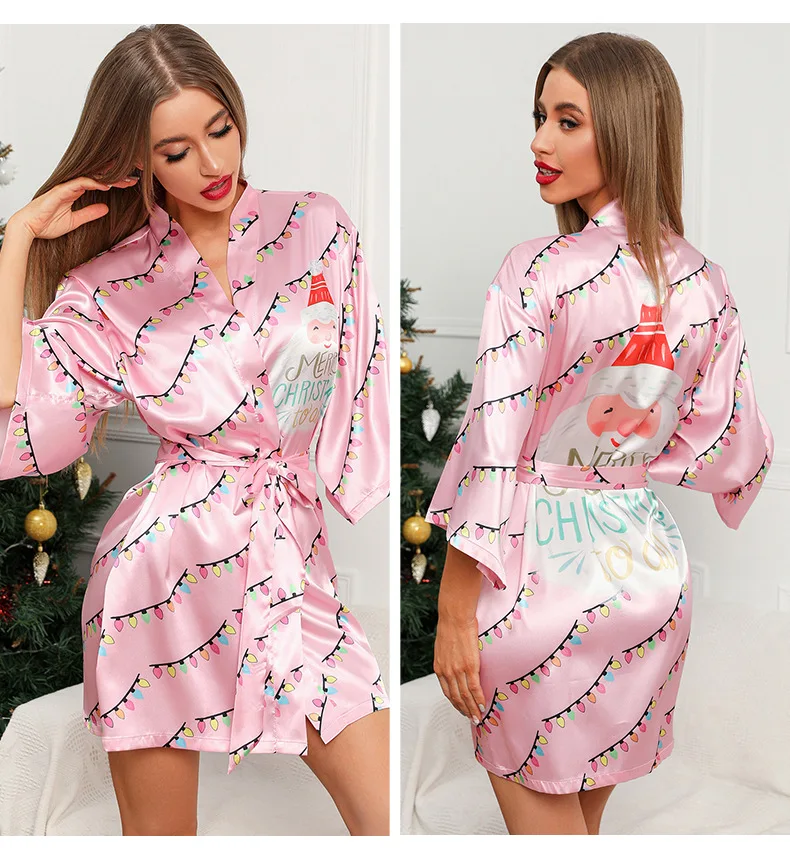 Christmas Satin Silk Nightgown Robe Sleepwear Pajamas for Women
