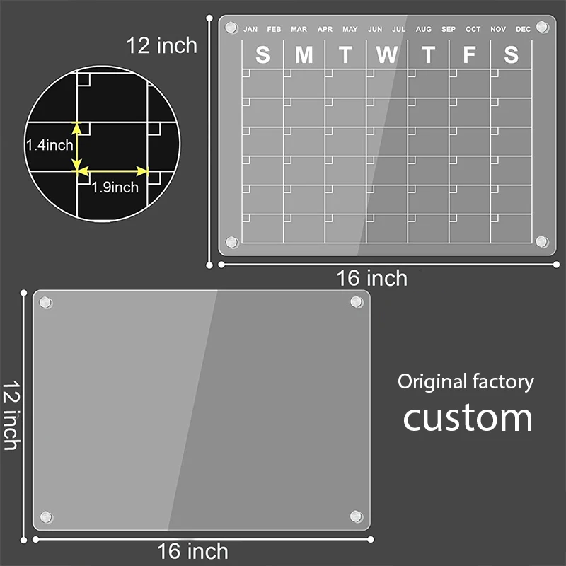 Custom Acrylic Dry Erase Wall Calendar with Dry Erase Marker Clear with Black Print