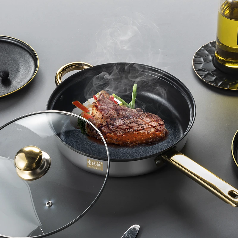 Stainless Steel Non Stick 12pcs Gold Handle Kitchen Cooking Pots Cookware Set Fry Pan