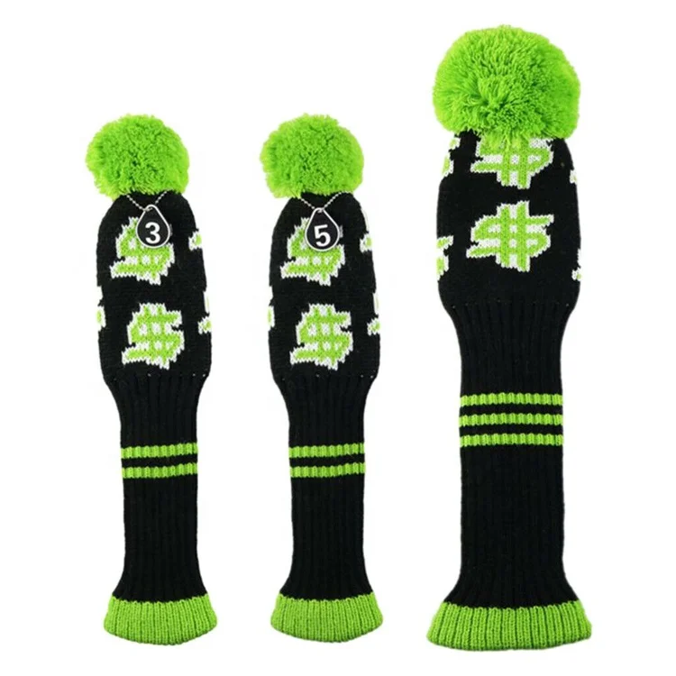 Wholesale embroidery Dollar design knitted golf pom pom club wood driver head covers custom made elastic golf headcover