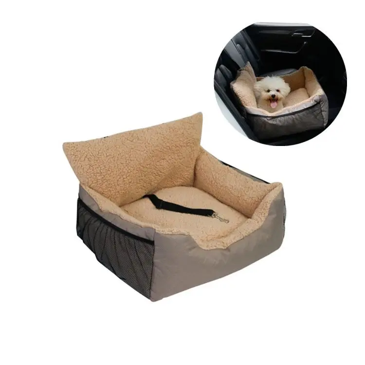 Deluxe Washable Pet Dog Travel Car Booster Seat Bed with Storage Pockets and Click-on Safety Leash for Puppy and small Animals