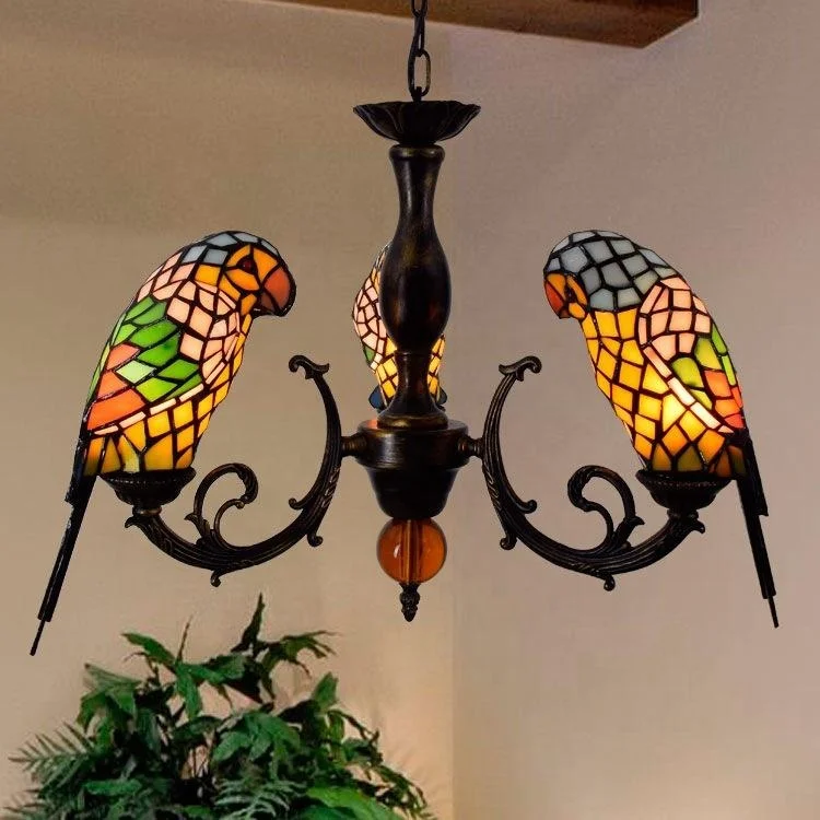LongHuiJing Custom Made Retro Stained Glass Parrot Chandelier Lamps Villa Bar Restaurant Living Room Bird Light Pendant