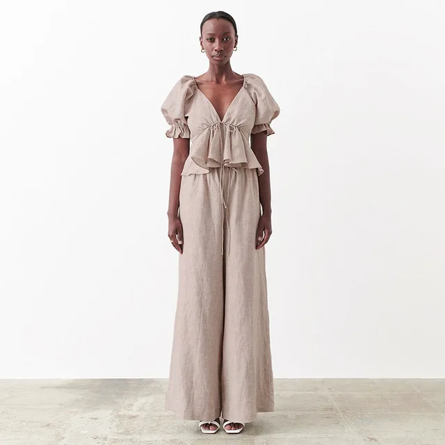 OOTN Khaki Linen Women Blouse Vintage Summer Shirt Drawstring Cotton Linen Trousers Two Piece Set Women Clothing