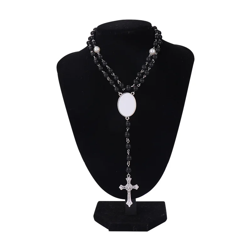 white sublimation blank pearl rosary necklace with aluminum sheet for sublimation Jewelry Cross Pendant With clear box packing