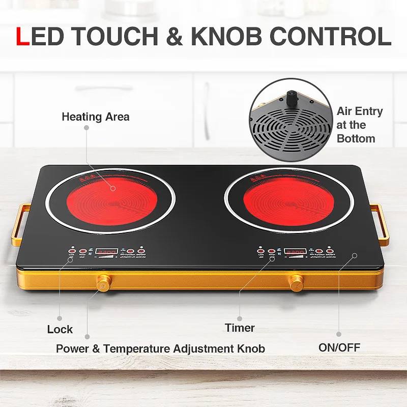 Dual burner Electromagnetic Heating Furnace Touch Knob Control Ceramic Heating Furnace Electric Heating Plate Home Hotel Kitchen