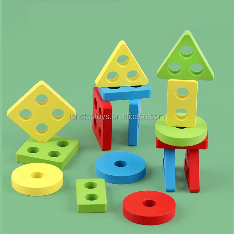 Wooden Block Set Colorful Magnetic fishing toys Cognitive Geometric Blocks Stacking Game For Kids