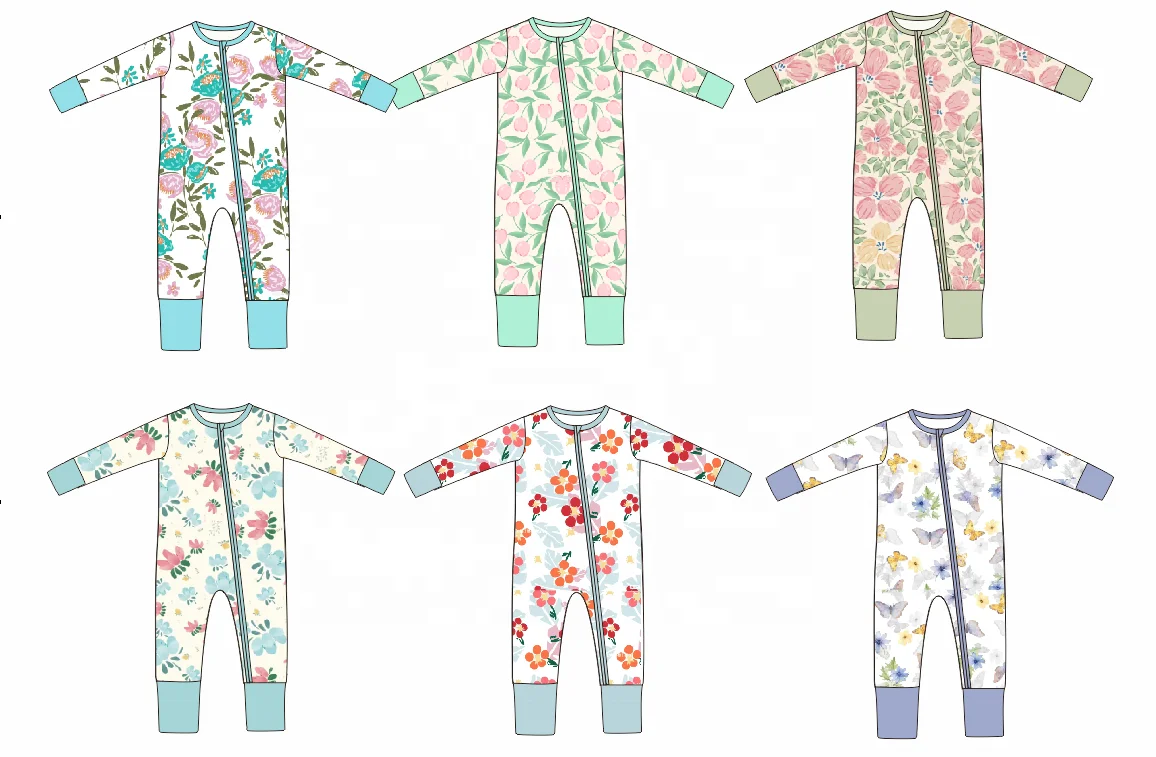 Custom Bamboo Baby Zipper Romper Boy Breathable Infant Long Sleeve Flowers Pattern BabyToddler Clothes for 0-24 Months NB Babies
