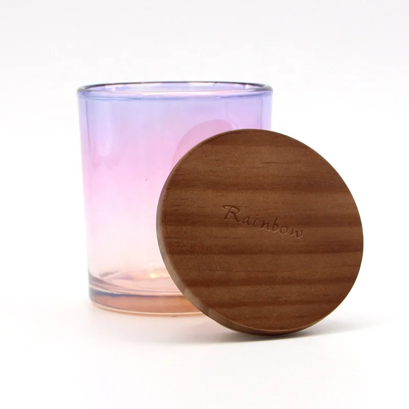 
New Product Iridescent Round Glass Candle Jar with Wood Lid 