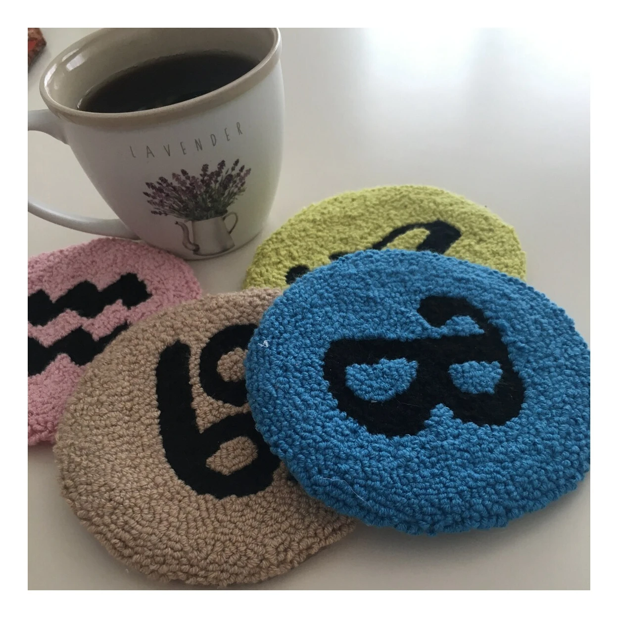 Absolutely love excellent Colorful letter Punch Needle Coasters Handmade art front Tufted Mug Rug