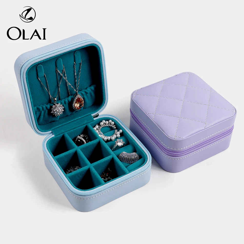 Olai PU Leather Rhombic Sewing Travel Ring Earring Pendant Jewelry Box Accessories Storage Zipper Gift Box