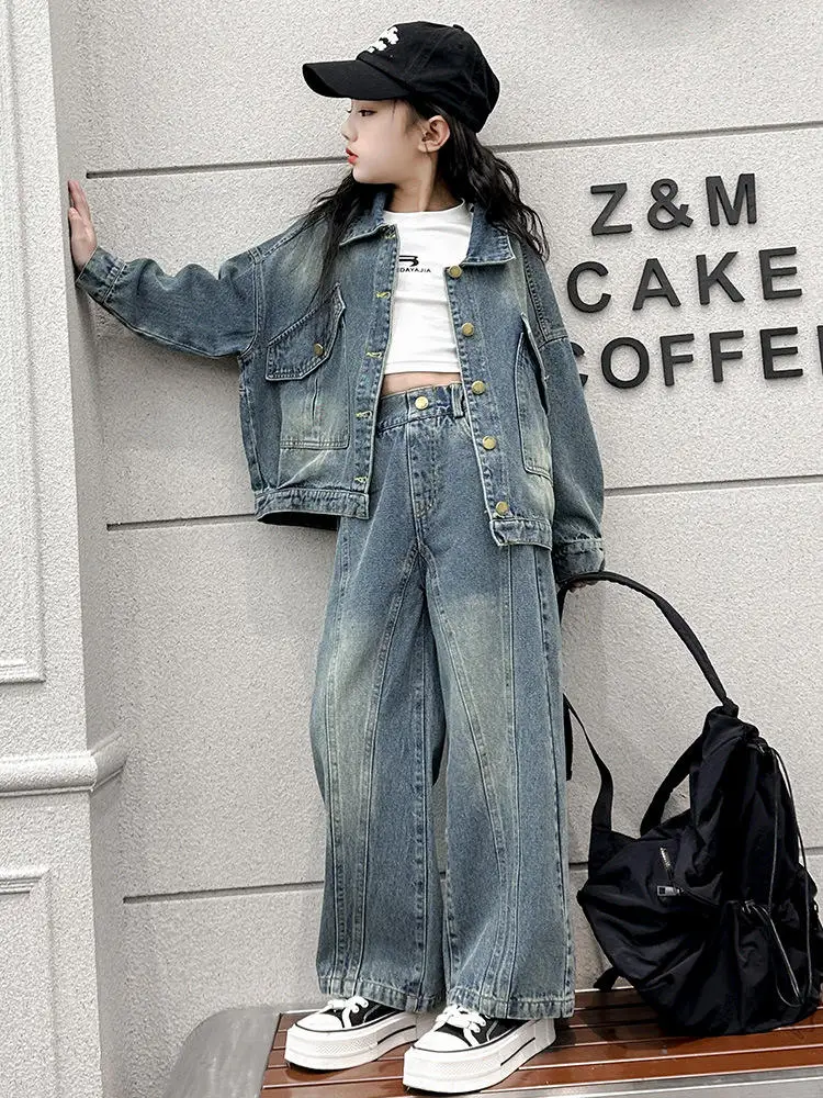 New Design Spring Autumn Girls Cowboy Sets Fashion Lapel Cowboy Coat Wide Leg Pants Sets