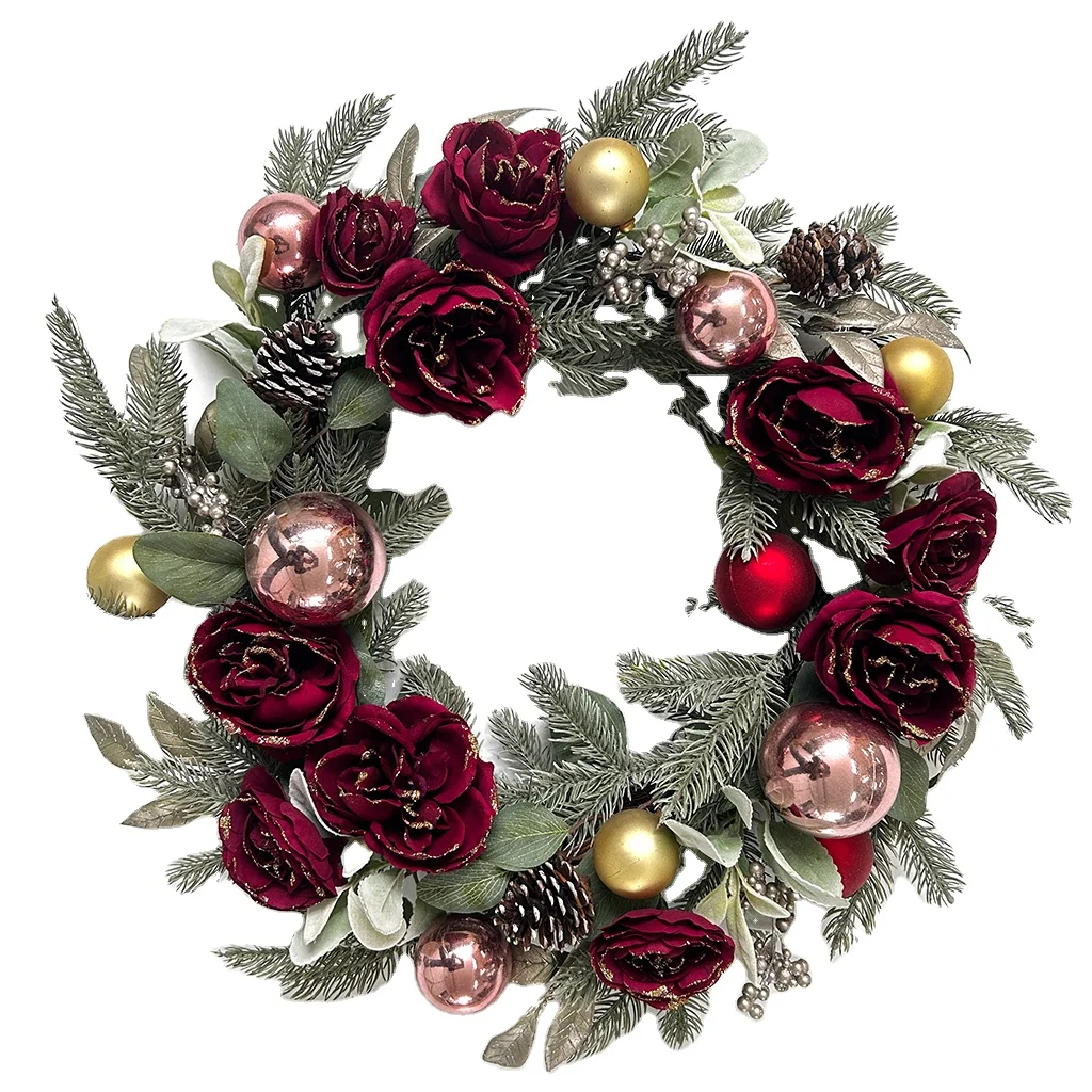 New Design High Quality peony ball pine cone garland flowers door/wall hanging christmas decoration supplies