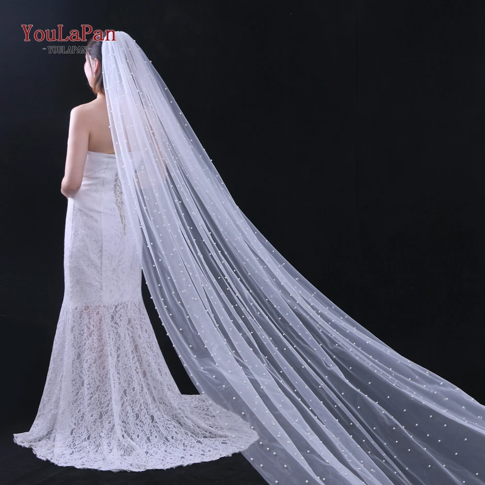 
YouLaPan V05 Pearl Bridal Veils with 3 Meters Trim Beaded Cathedral Wedding Tulle Wedding Weil 