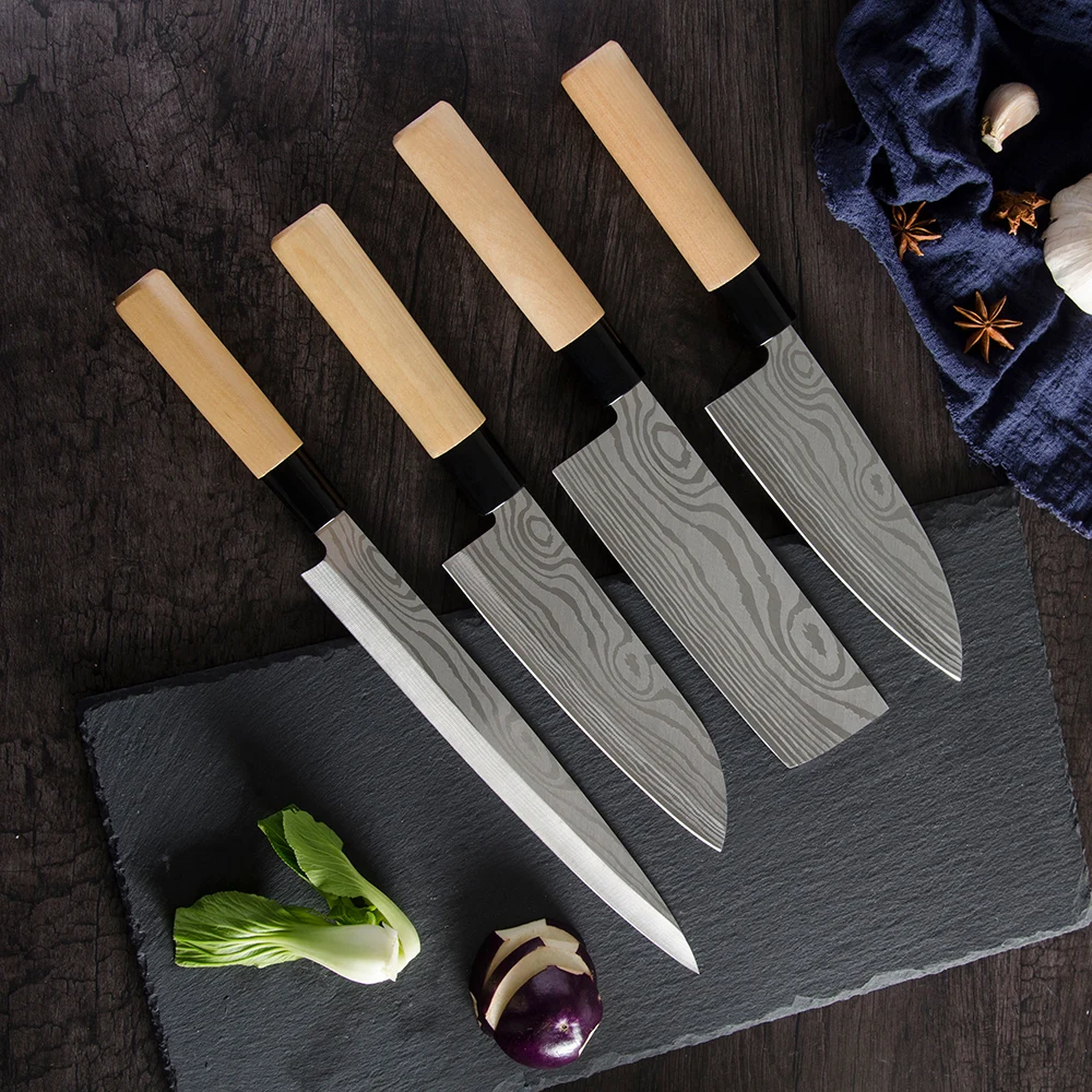 Hot Sale 4pcs Stainless Steel Sushi Japanese Chefs Knives Wood Handle Laser Damascus Pattern Sashimi Fish Fillet Deba Knife Set