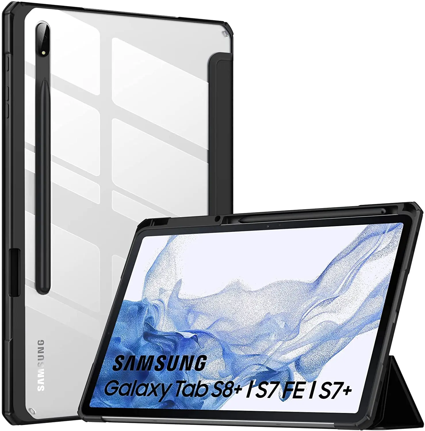 MoKo Case Fits Samsung Galaxy Tab S8 + 2022  / Tab S7 FE 2021 / Tab S7 Plus 2020 with S-Pen Holder and Clear Back Tablet Case