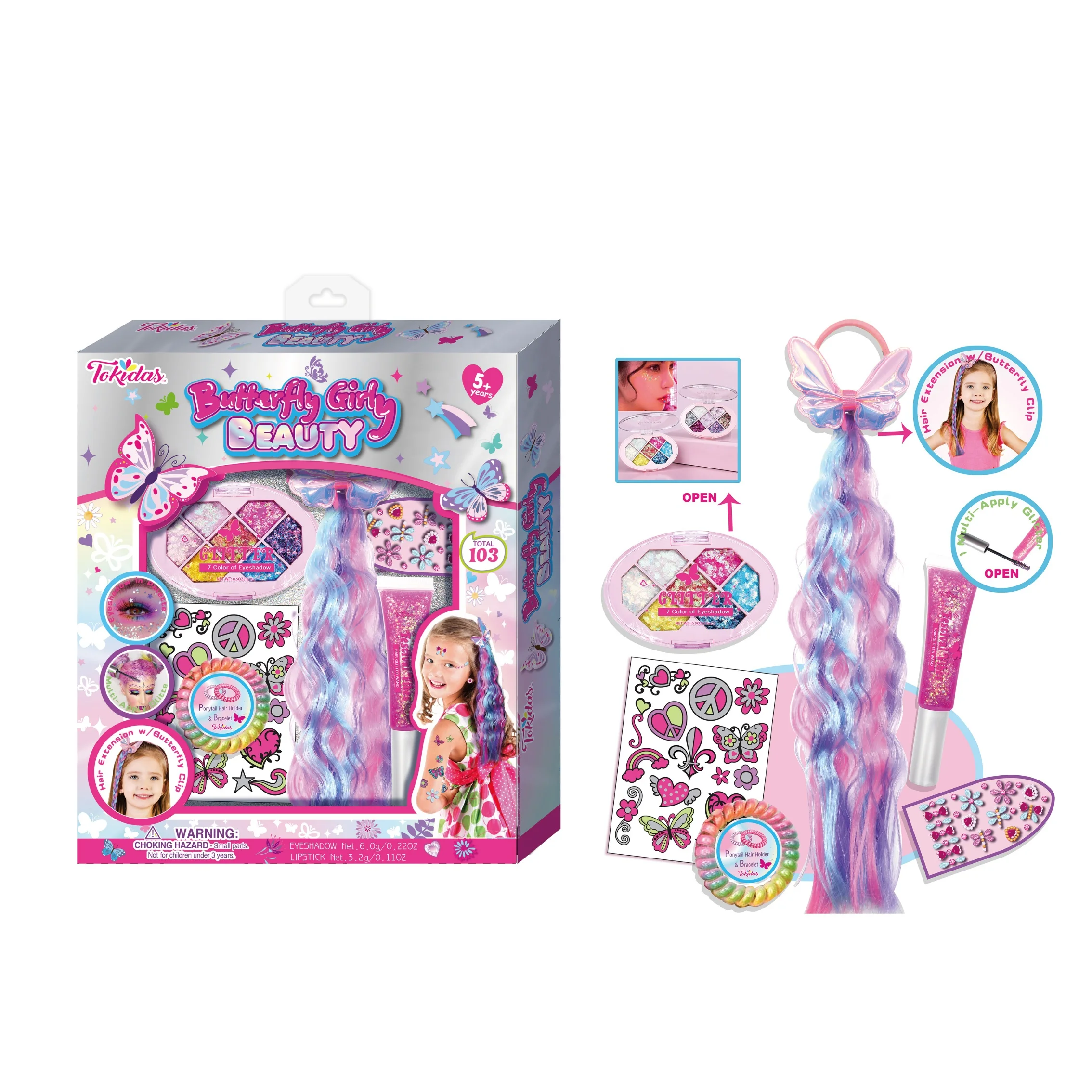 Girls make up glitter tattoo stickers set girls Curly Hair extension set for party Girls make up eye shadow gift set