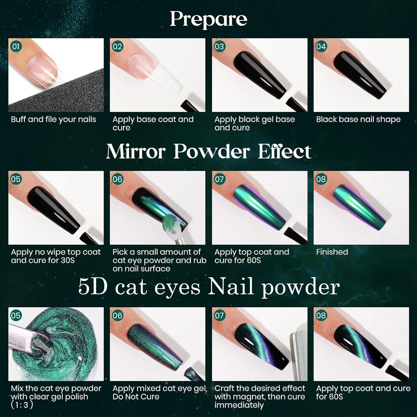 12 Colors Cat Eyes Nail Powder Chameleon Magnetic Powder 5D Cat Eye Effect Mirror Effect with Magnetic Stick for Velvet Nail Art