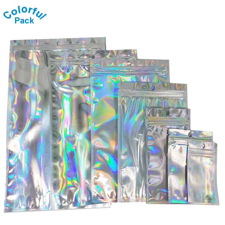 Holographic Colorful Shiny 3 side sealing bags with zip lock