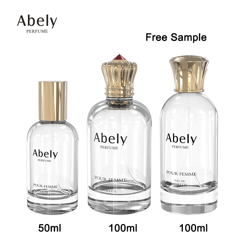 Empty high quality cylinder transparent OEM glass 30ml 50 ml 100ml perfume bottle with gift box pump sprayer