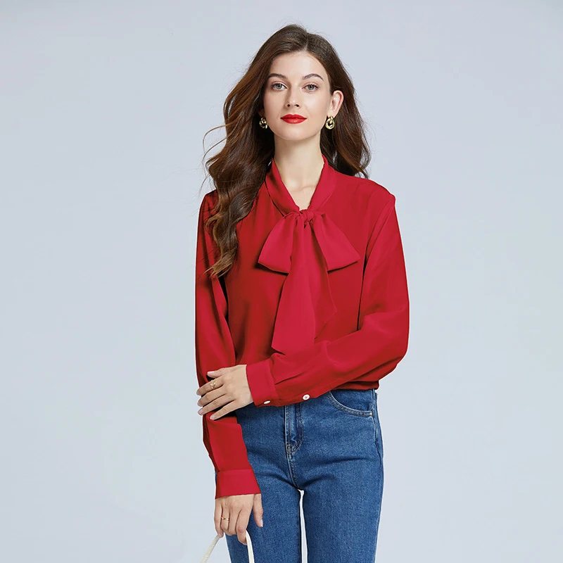 High Quality Basic Silk Blouses Crep De Chine Bow Tie 100% Mulberry Silk Shirts For Women
