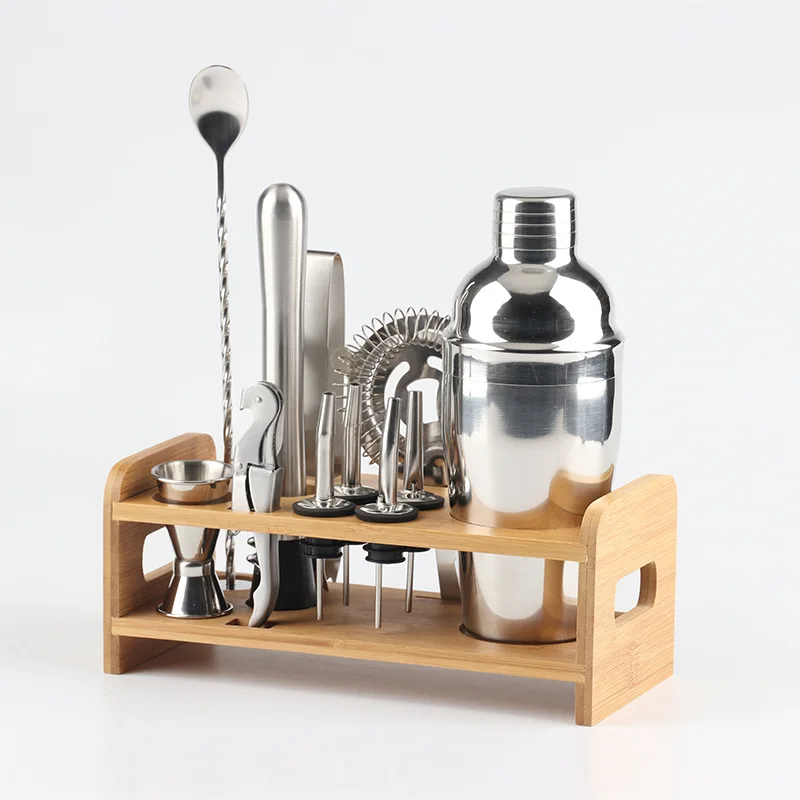 
Brand New Cocktail Shaker Set -Stainless Steel Bartender Set with Wooden Stand Holder with Bamboo Base 