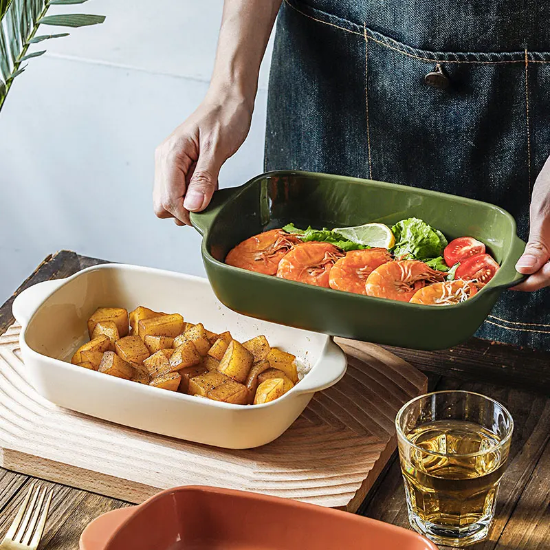 Raw Clay Color Cake Bread Baking Dish Rectangle Deep Plate Tray Ceramic Bakeware Pan With Binaural Handle