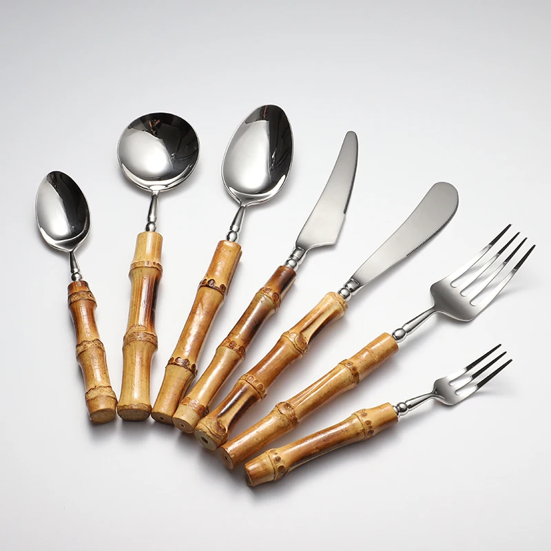 Wholesale Home Mirror Polished 304 Silver Spoons Forks And Knives Original Bamboo Cutlery Set