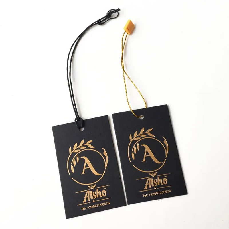 Бесплатный образец высеченной черной бумаги 400 г/м2 пользовательская печать золотой фольги логотип подвесная бирка