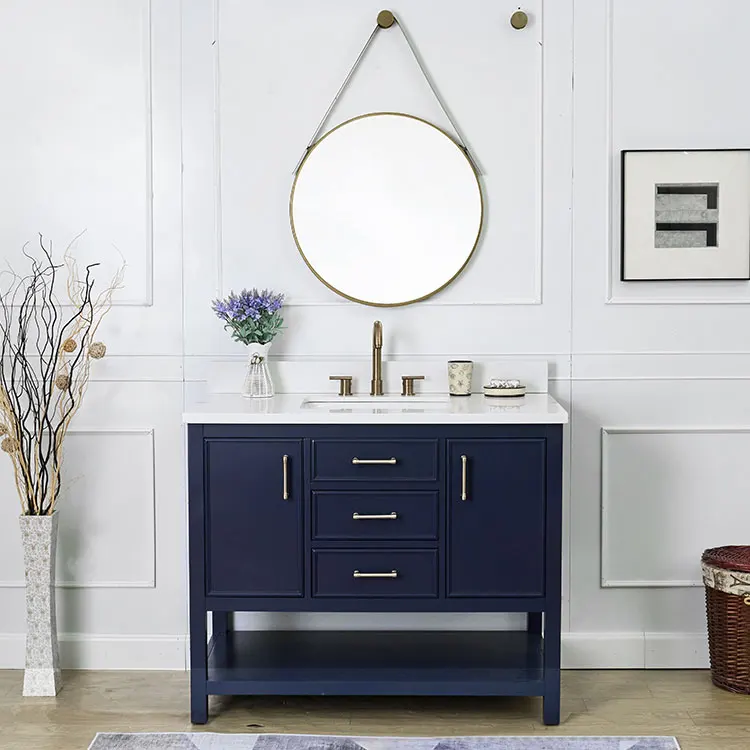 Высококачественный темно-синий туалетный столик 42 дюйма для ванной комнаты с керамической мраморной поверхностью, современный туалетный столик для ванной комнаты