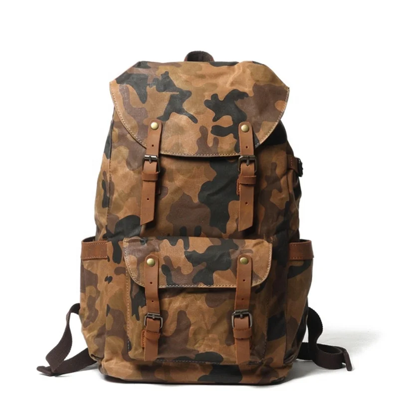 Outdoor Waxed Waterproof Canvas Backpack Camouflage Camping Backpack