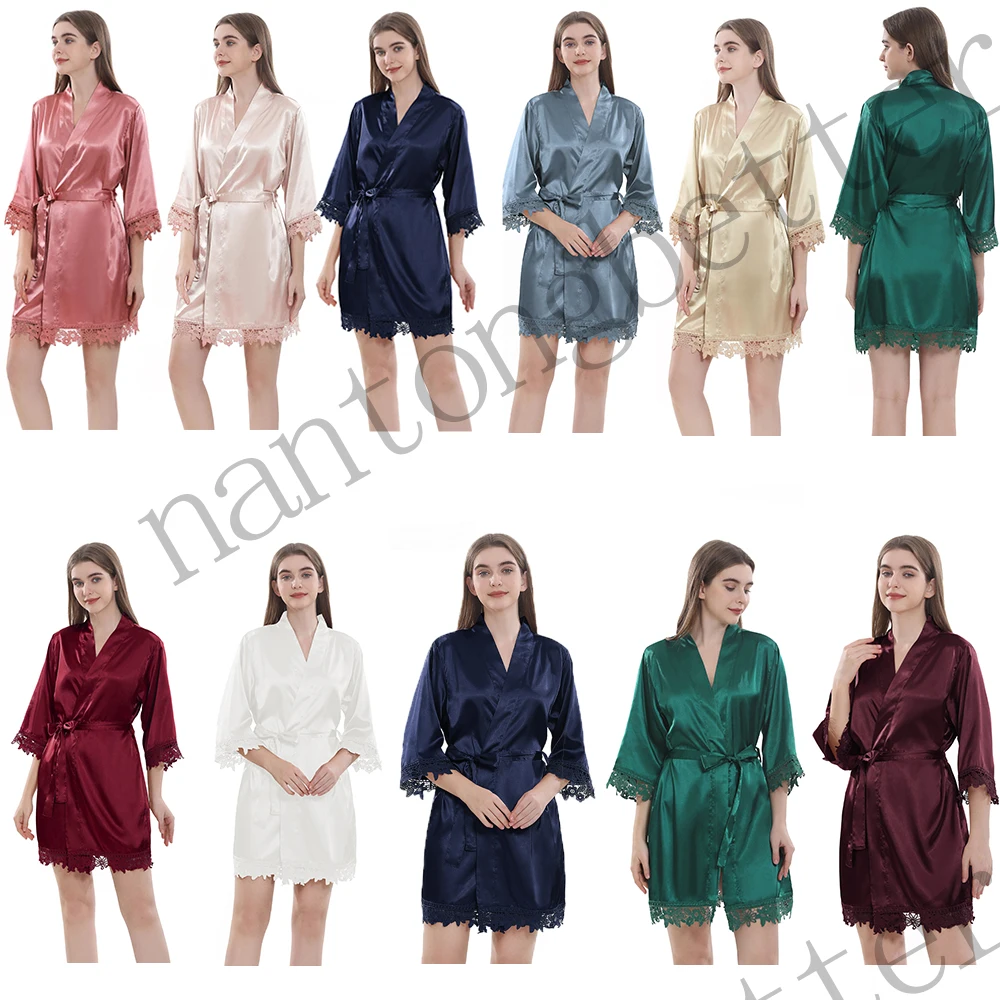 New Arrival Wholesale Comfortable Women Sexy Lace Sleepwear Nightdress Robe Satin Nightgown Women Bathrobes Kimono Bath Robe