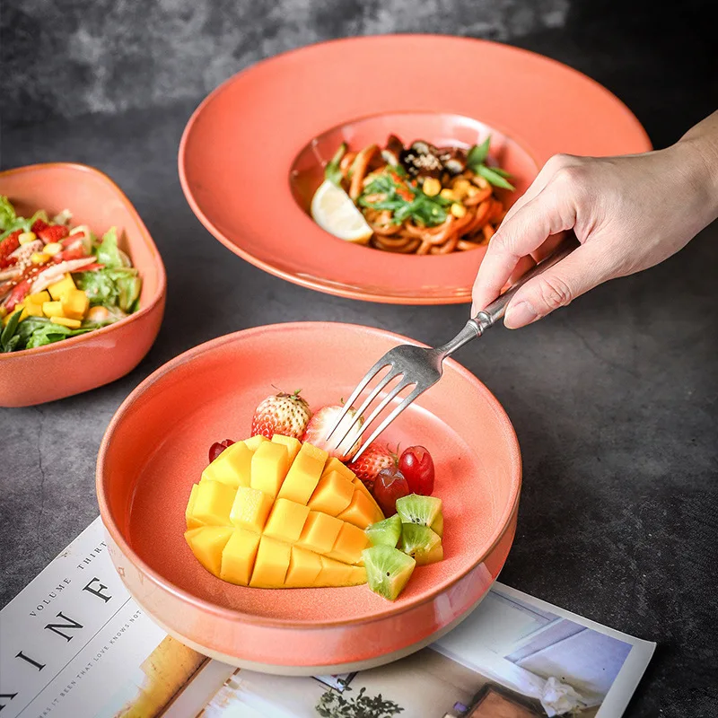 Restaurant Dinner Set Porcelain Crockery Handmade Pottery Platos Cup Stoneware Plate Bowl Durable Orange Color Ceramic Tableware