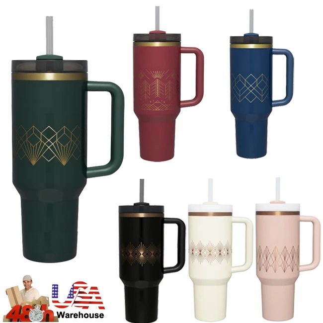 40oz Gilded H2.0 Plus Vacuum Adventure coffee Tumbler Handle Straw Customized Logo Stainless Steel Car Use Gift Ready Ship