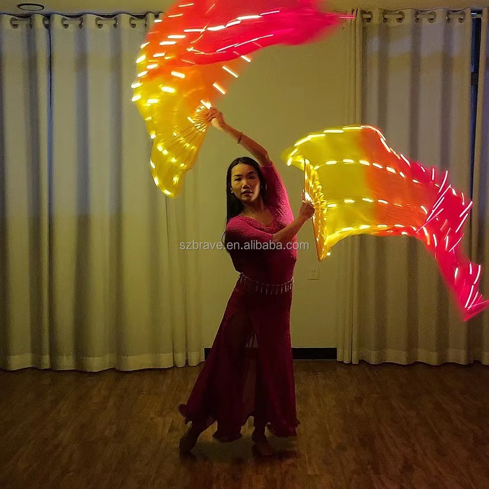 USB Glowing Performance Props Hand Made Silk Belly Dance Fan Veils 1.8M Long Bamboo Fan Women Real Silk Belly Dance Fan Veil