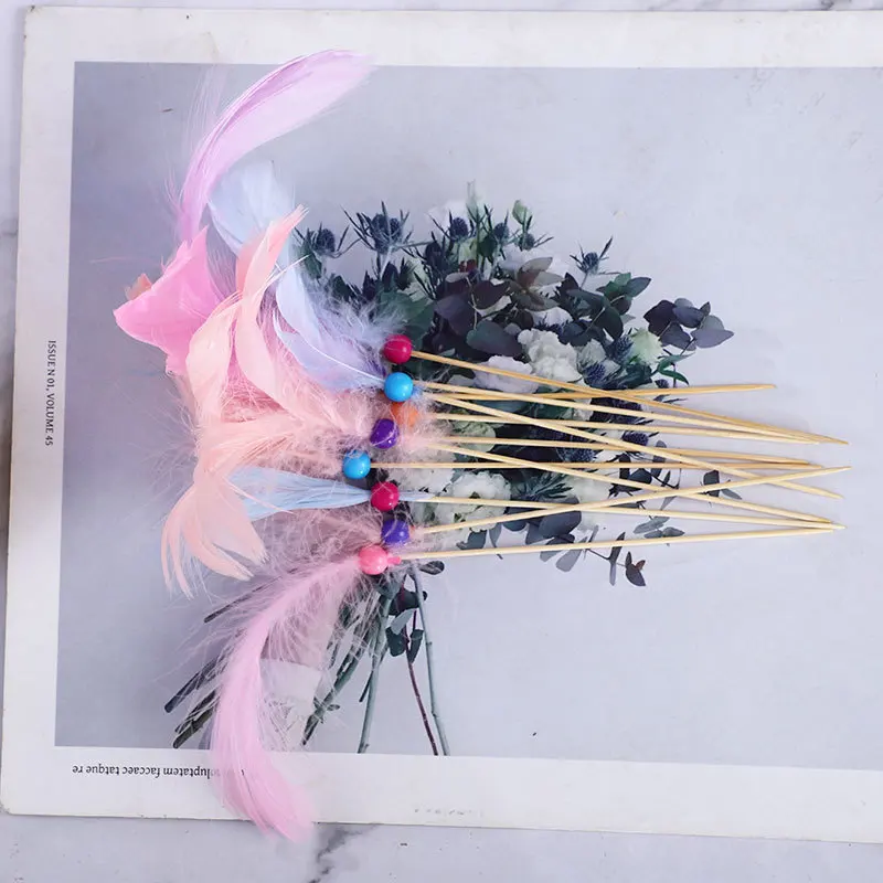 Mixed Color Feather Sticks Cake Decoration Dish Plate Fruit Fork Bamboo Fruit Skewers